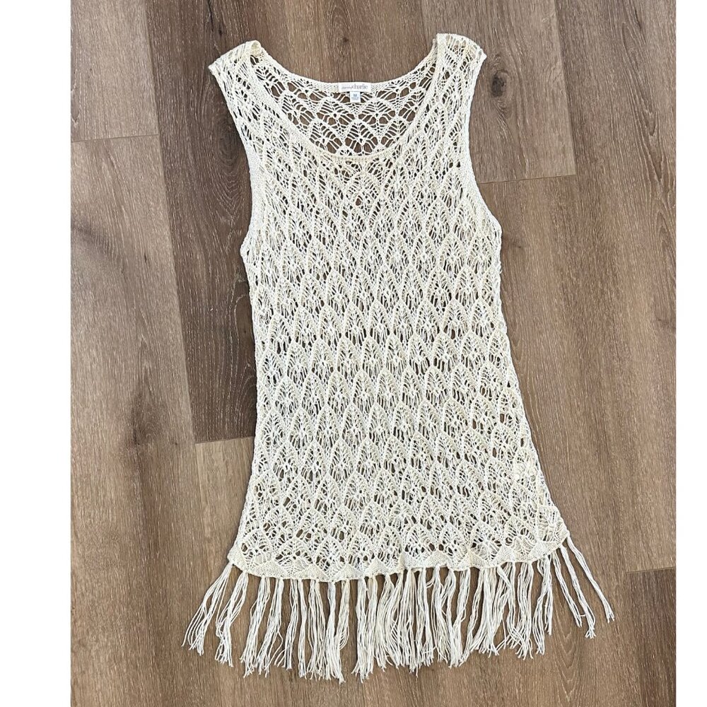 Longline White Crochet Fringe Lace Sleeveless Top Size Medium